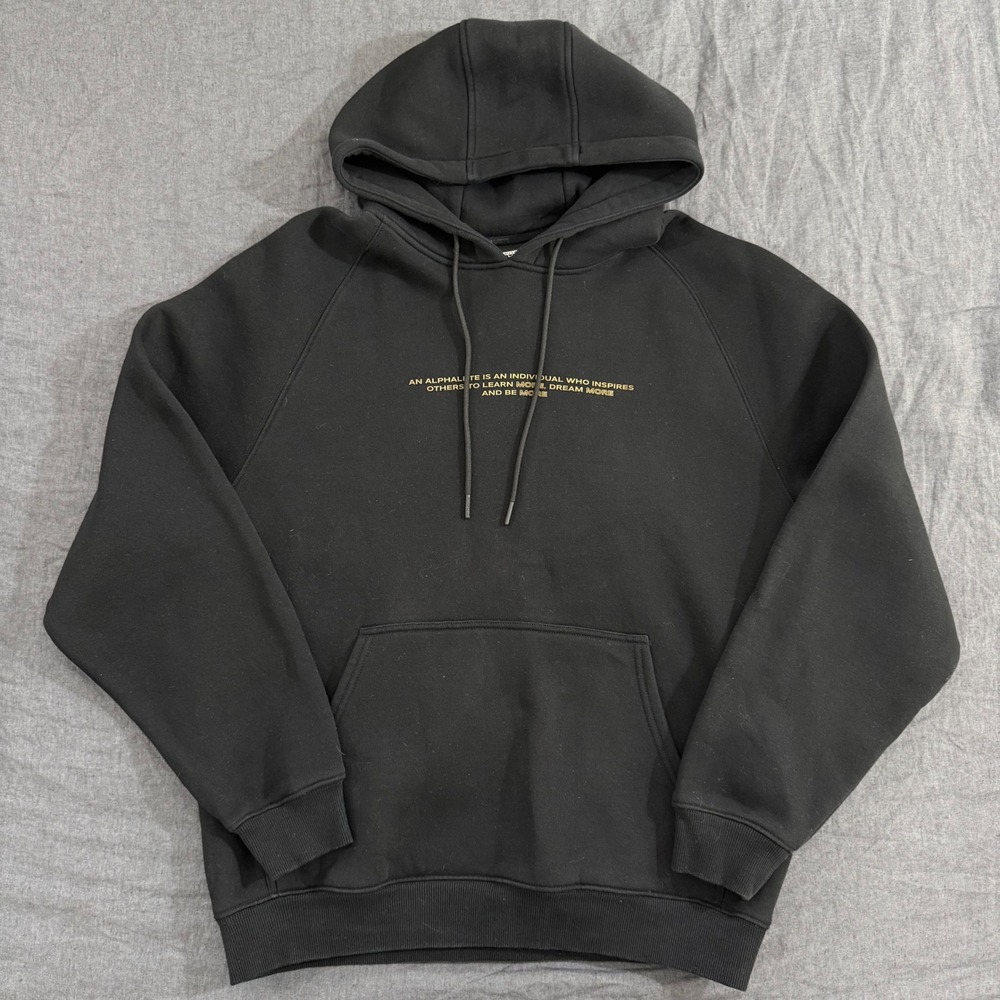 Alphalete Hoodie Large Black Gold Embroidered Quote Raglan Pullover Sweatshirt